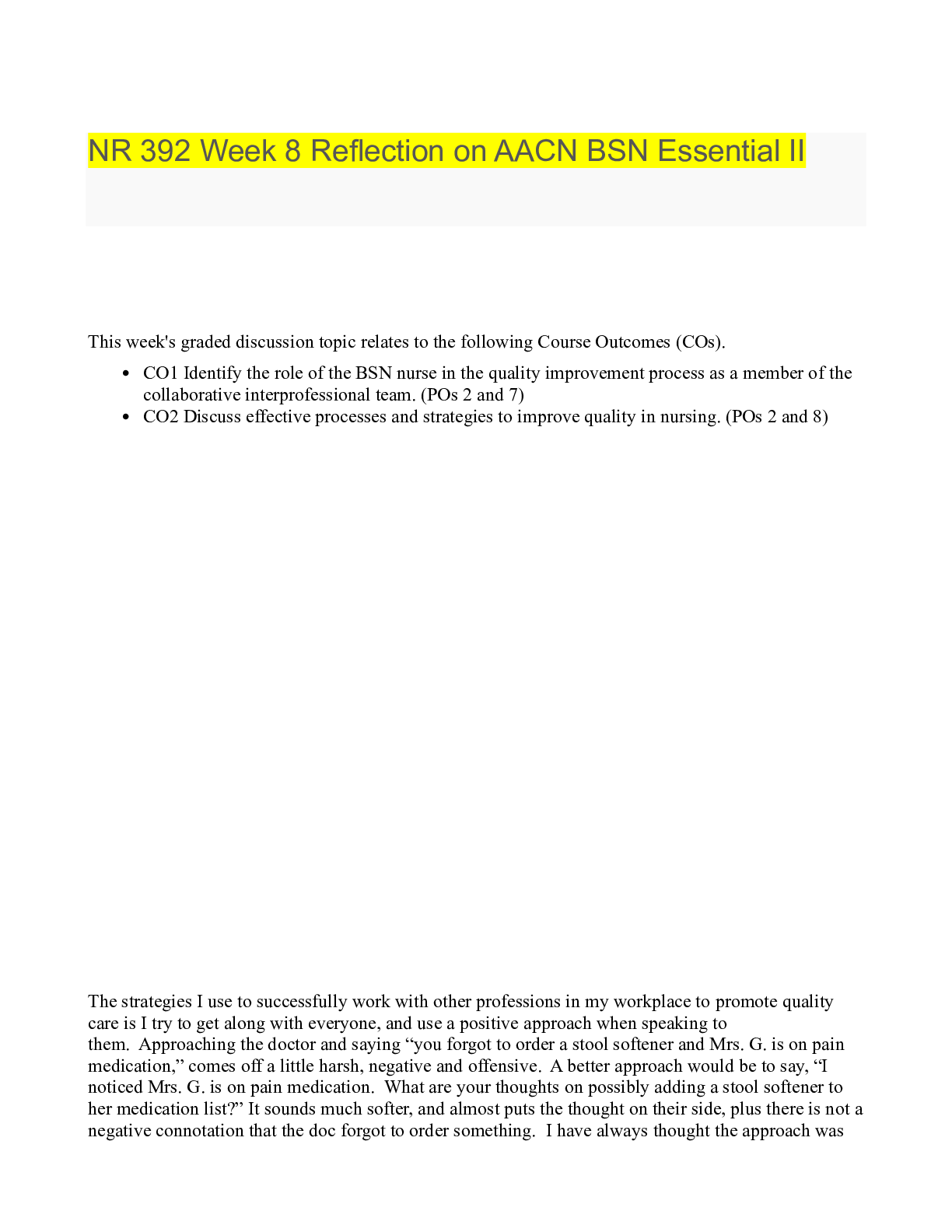 Preview image for NR 392 Week 8 Reflection on AACN BSN Essential II